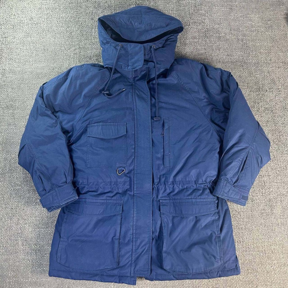 Eddie Bauer Goose Down Parka Men XL Navy Blue Vintage 90s Hooded Mountain Jacket